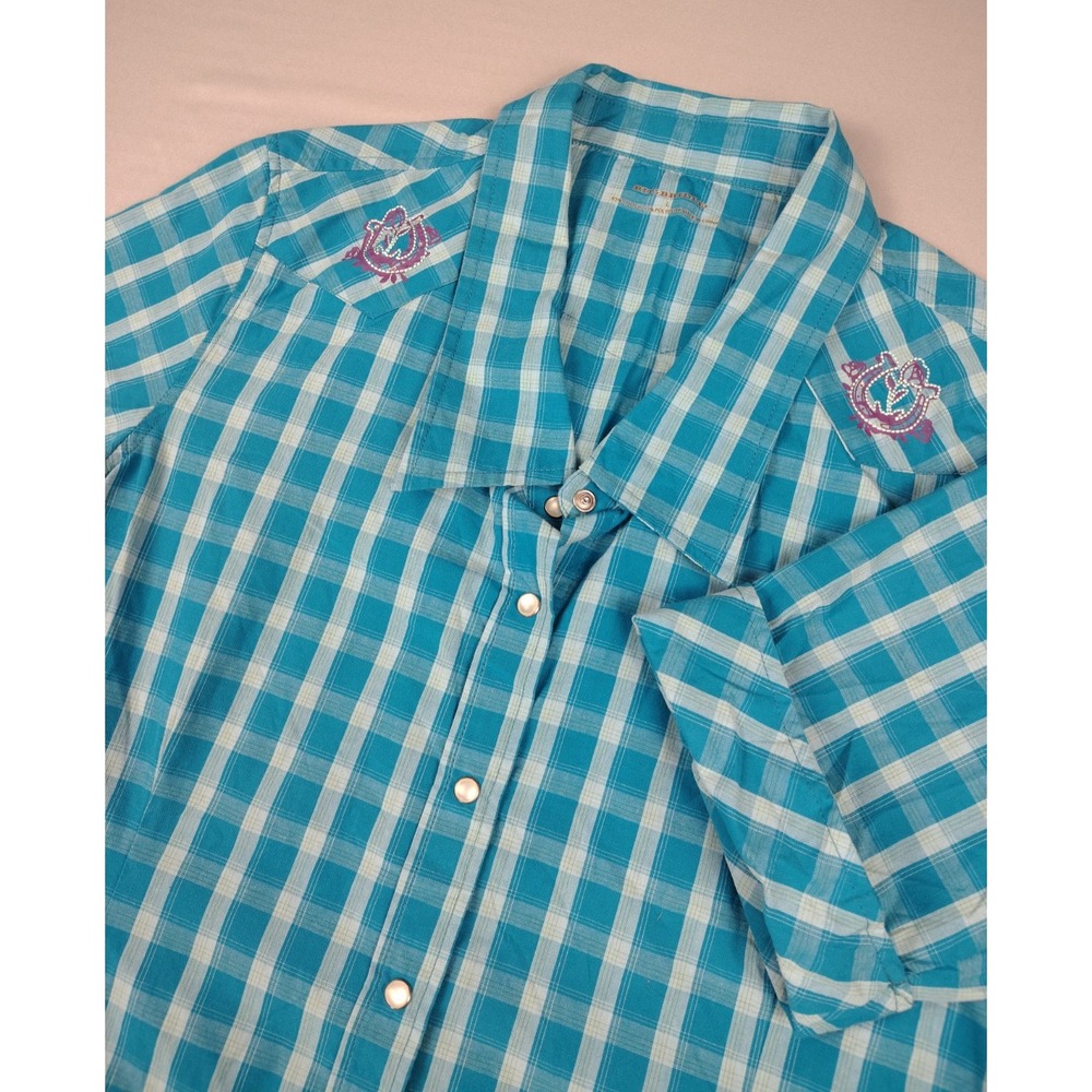 Bit & Bridle Shirt Womens L Teal Plaid Floral Snap Button Western Casual Travel